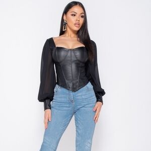 Sheer Puff Sleeve Corset Top - Black
